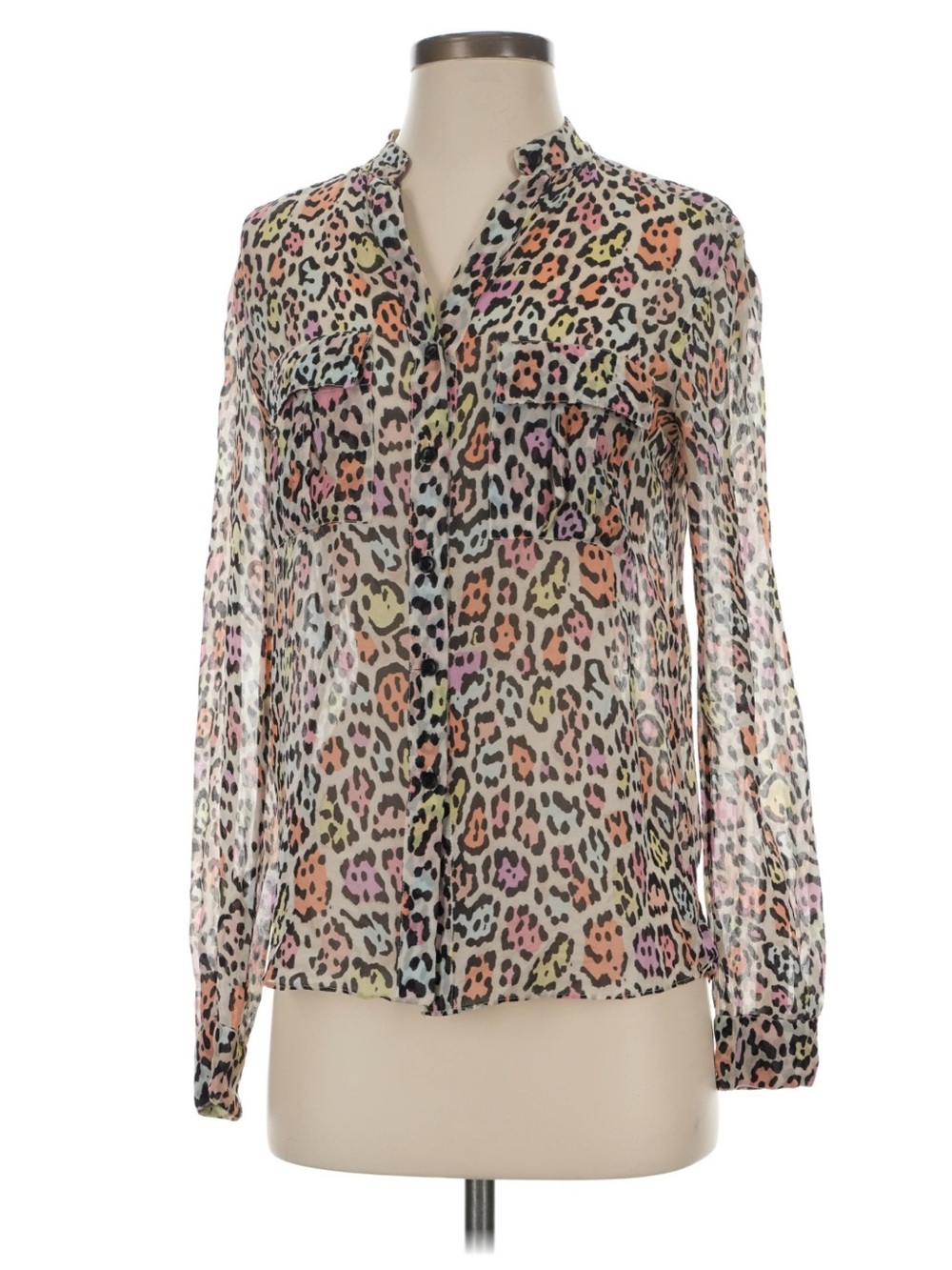 BCBG MaxAzria Silk Sheer Multicolor Leopard Print Button Front Blouse Retro Y2K